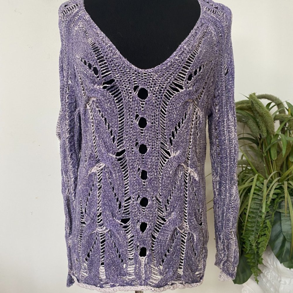 Free People Sweater Perforated Boho Purple Crochet Knit Cotton Blend S